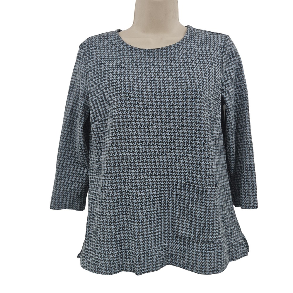 J Jill Ponte Pullover Womens XS Petite Blue Black Houndstooth Sweater Top Pocket